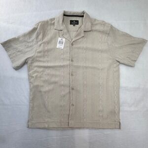 Saints Studio Mens Short Sleeve Button Up Shirt Beige Diamond Textured NEW